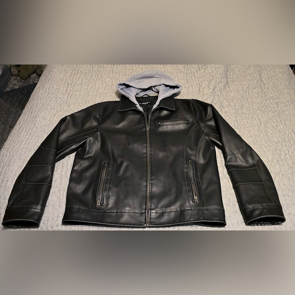 Wilson’s Leather Black Rivet Black Vegan Leather Jacket Gray Hood